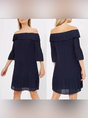 Ted Baker Navy Off-the-Shoulder Pleated Dress